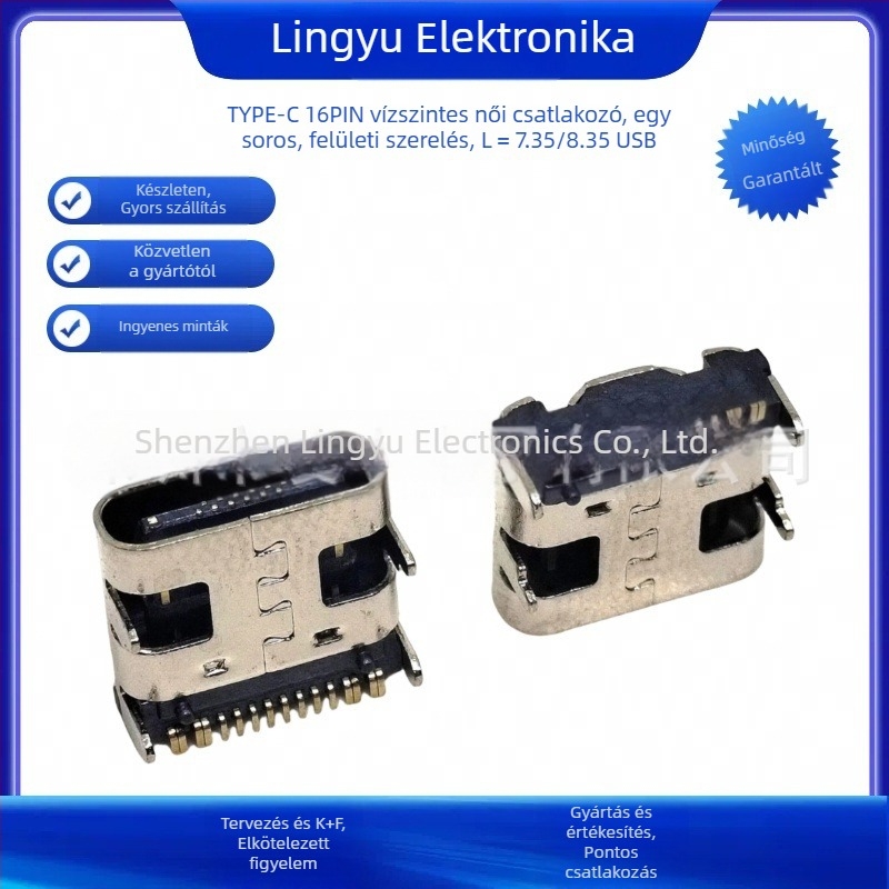 Lingyu Type-C 16-pin PCB-re szerelt USB aljzat, vízszintes, egyetlen sor SMT, szigetelőanyag LCP