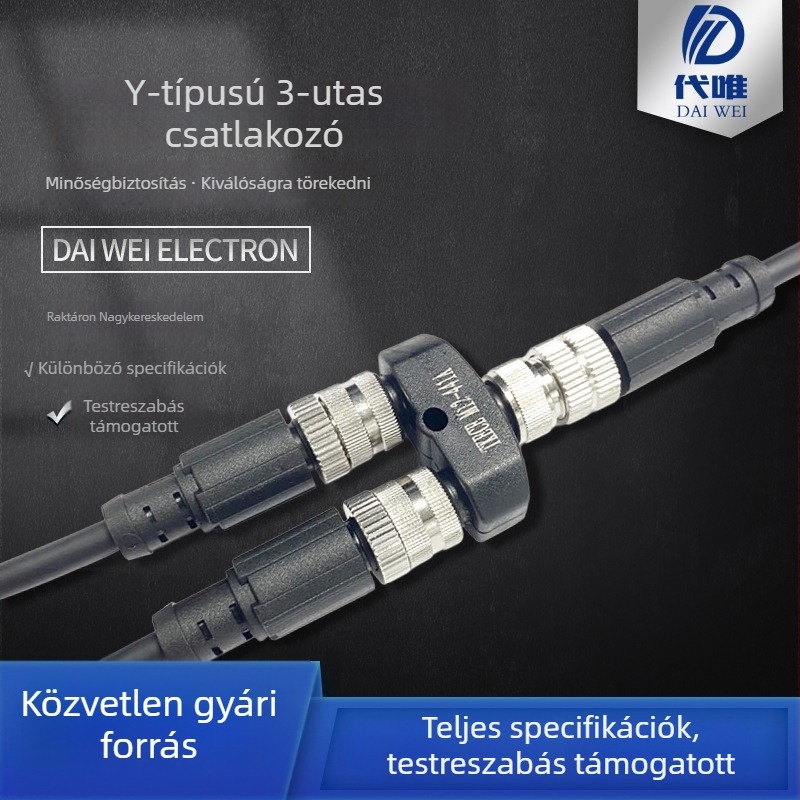 M12 csatlakozó, Y-típusú Tee, 1→2 elosztó, 5‑pin szenzorcsatlakozó (férfi/női), repülődugó