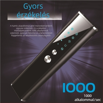 Kamera detektor, kézi vezeték nélküli anti-követés skener infravörös detektálással; Modell KT2, frekvenciasáv 1-8000, riasztás hang és rezgés, működési feszültség 3.7 V, tartomány 0.1-10.