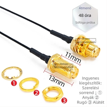 IPEX–SMA női adapterkábel antenna számára, 0–3 GHz, 50 Ω, SWR ≤1.5, nyereség 3 dB, 15 cm hosszú