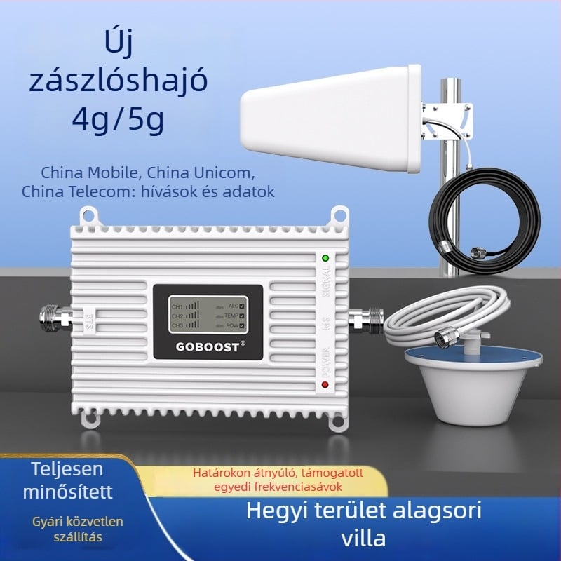 Mobiltelefon-signal-erősítő alagsori, villákhoz és irodákhoz hegyvidéki területeken; hálózat: 2G/3G/4G; lefedettség 200–800 m²; Wi‑Fi 802.11n