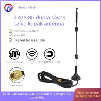 Omnidirekcionális réz spirál rúd antenna dvímpaszám Wi‑Fi router modulhoz, suction cup, 12 dBi, 50 Ω, 2.4–2.5 GHz / 5.15–5.85 GHz
