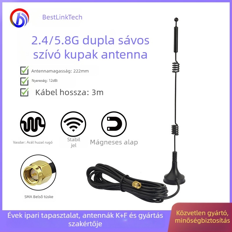 Omnidirekcionális réz spirál rúd antenna dvímpaszám Wi‑Fi router modulhoz, suction cup, 12 dBi, 50 Ω, 2.4–2.5 GHz / 5.15–5.85 GHz