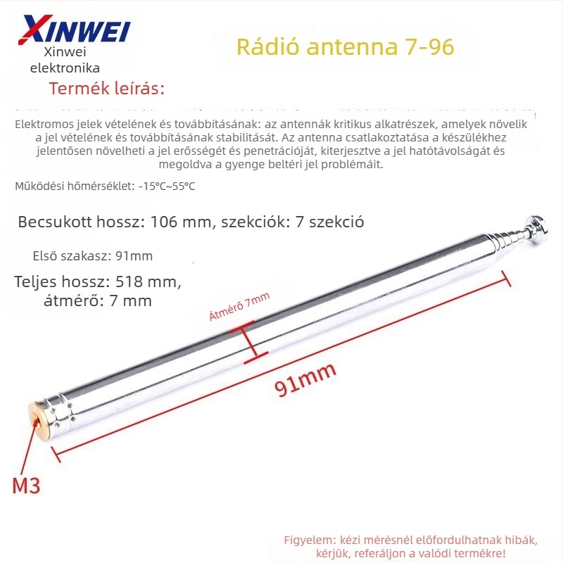 Xinwei teleszkópos antenna Walkie-Talkie és FM rádióhoz, BNC7-114 csatlakozó, jelnyereség