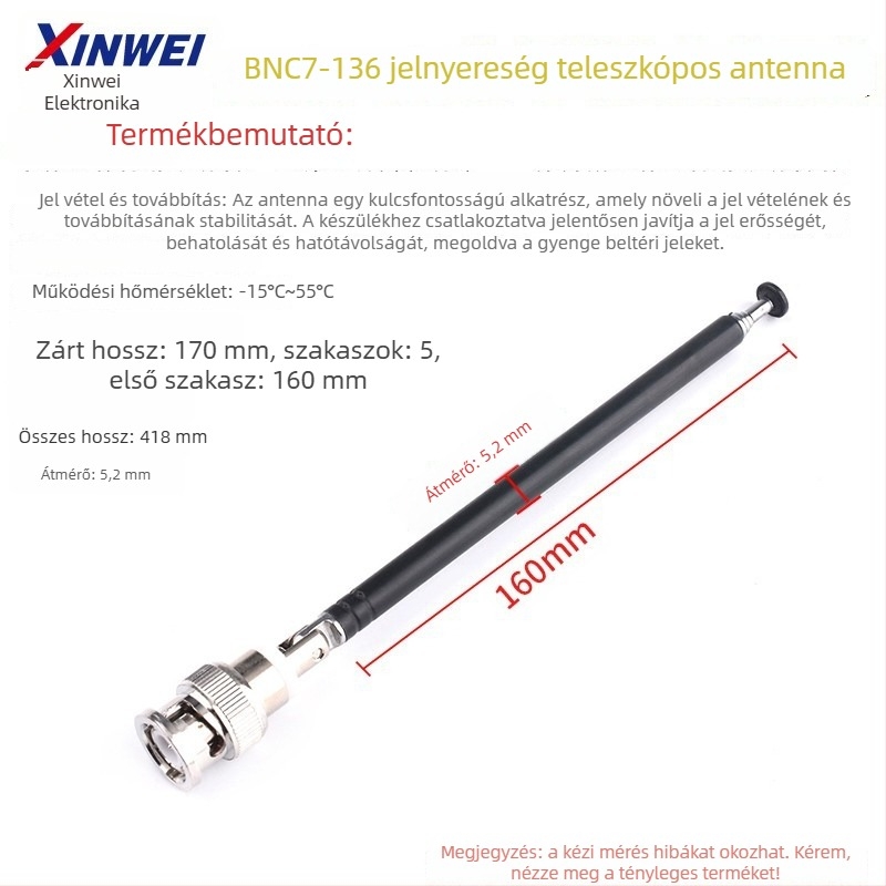 Xinwei teleszkópos antenna Walkie-Talkie és FM rádióhoz, BNC7-114 csatlakozó, jelnyereség