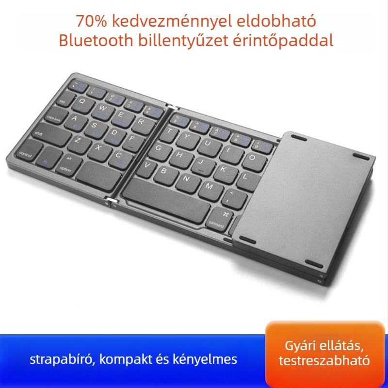 Bluetooth összecsukható billentyűzet okostelefonokra és tabletekhez, alumíniumötvözet test, több mint 98 billentyű, akár 3 eszközzel egyszerre