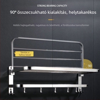 Rozsdamentes acél törölközőtartó, fúrás nélküli, összecsukható fürdőszobai tároló, 1 szint, teherbírás legfeljebb 1 kg