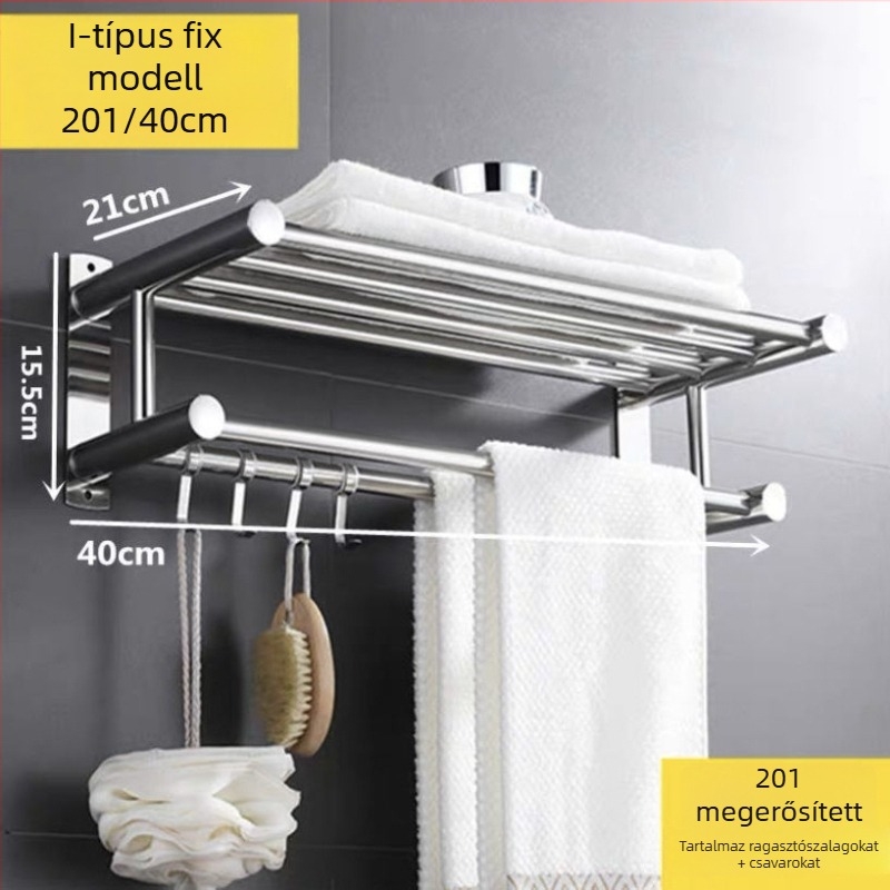 Rozsdamentes acél törölközőtartó, fúrás nélküli, összecsukható fürdőszobai tároló, 1 szint, teherbírás legfeljebb 1 kg