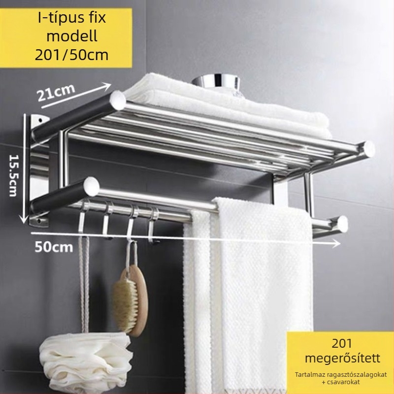 Rozsdamentes acél törölközőtartó, fúrás nélküli, összecsukható fürdőszobai tároló, 1 szint, teherbírás legfeljebb 1 kg