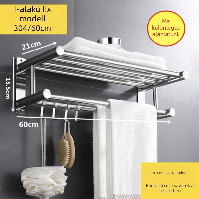 Rozsdamentes acél törölközőtartó, fúrás nélküli, összecsukható fürdőszobai tároló, 1 szint, teherbírás legfeljebb 1 kg
