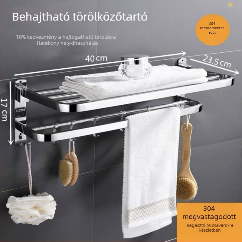 Rozsdamentes acél törölközőtartó, fúrás nélküli, összecsukható fürdőszobai tároló, 1 szint, teherbírás legfeljebb 1 kg