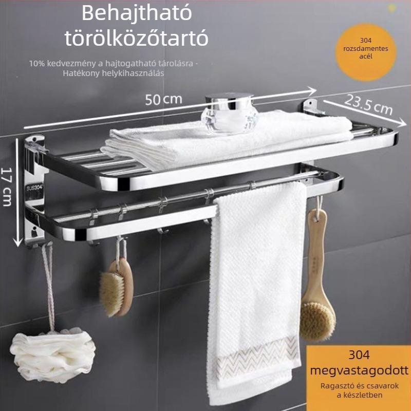 Rozsdamentes acél törölközőtartó, fúrás nélküli, összecsukható fürdőszobai tároló, 1 szint, teherbírás legfeljebb 1 kg