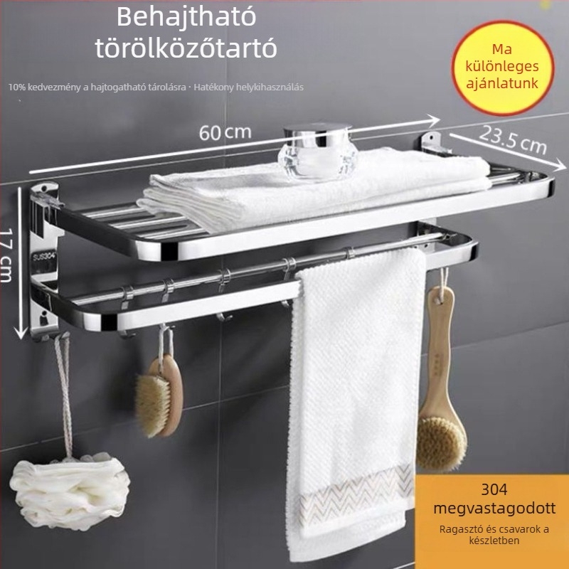 Rozsdamentes acél törölközőtartó, fúrás nélküli, összecsukható fürdőszobai tároló, 1 szint, teherbírás legfeljebb 1 kg