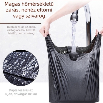 Mellény-stílusú egyszer használatos szemeteszsákok, vastagított PE anyaggal (Anyag: PE; Biodegradálható: Nem; Stílus: Mellény-stílusú; Egyszer használható: Igen; Vastagság: Megvastított)