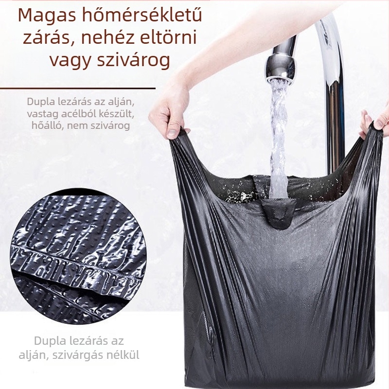 Mellény-stílusú egyszer használatos szemeteszsákok, vastagított PE anyaggal (Anyag: PE; Biodegradálható: Nem; Stílus: Mellény-stílusú; Egyszer használható: Igen; Vastagság: Megvastított)