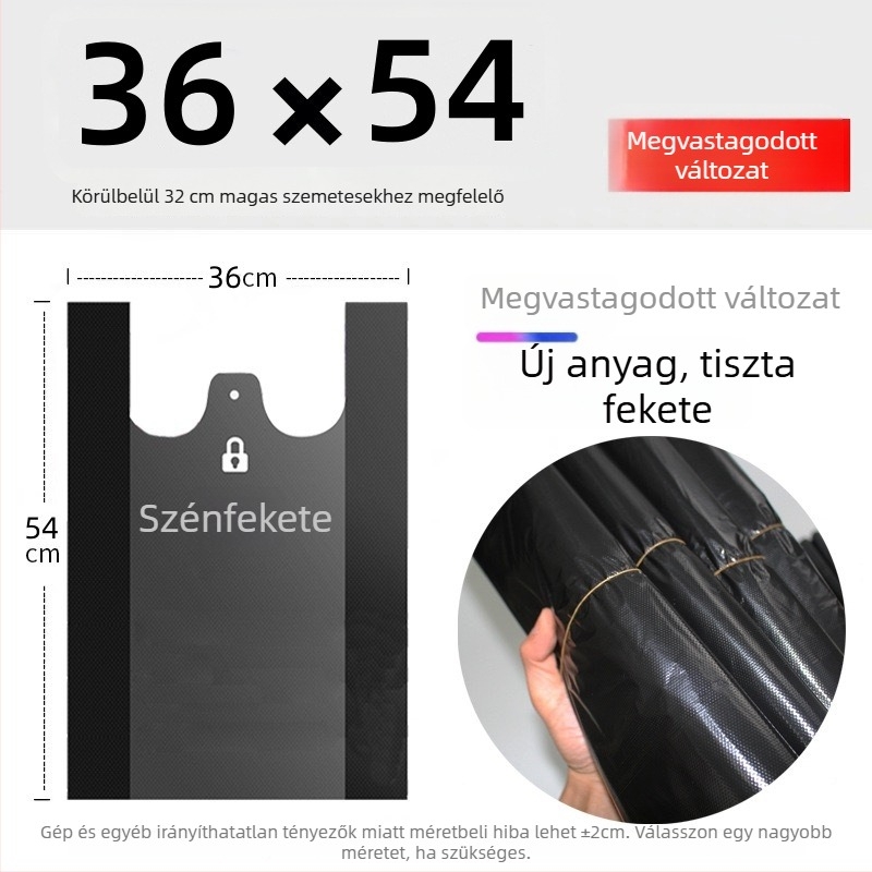 Mellény-stílusú egyszer használatos szemeteszsákok, vastagított PE anyaggal (Anyag: PE; Biodegradálható: Nem; Stílus: Mellény-stílusú; Egyszer használható: Igen; Vastagság: Megvastított)