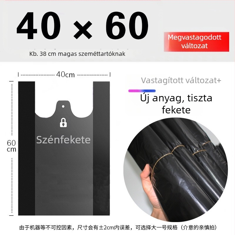 Mellény-stílusú egyszer használatos szemeteszsákok, vastagított PE anyaggal (Anyag: PE; Biodegradálható: Nem; Stílus: Mellény-stílusú; Egyszer használható: Igen; Vastagság: Megvastított)