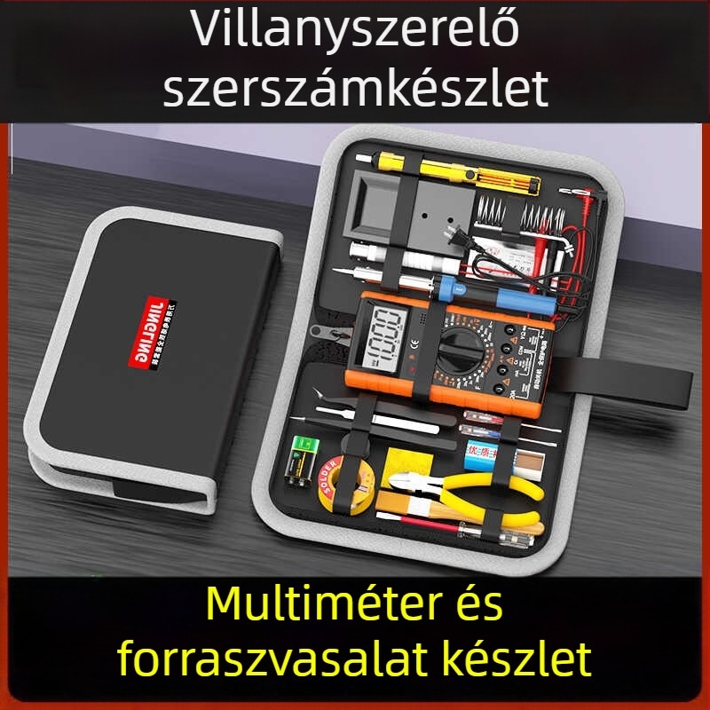 Jingling márkájú multiméter és forrasztó készlet — 21 részes, tokos, elektronika gyakorlásához