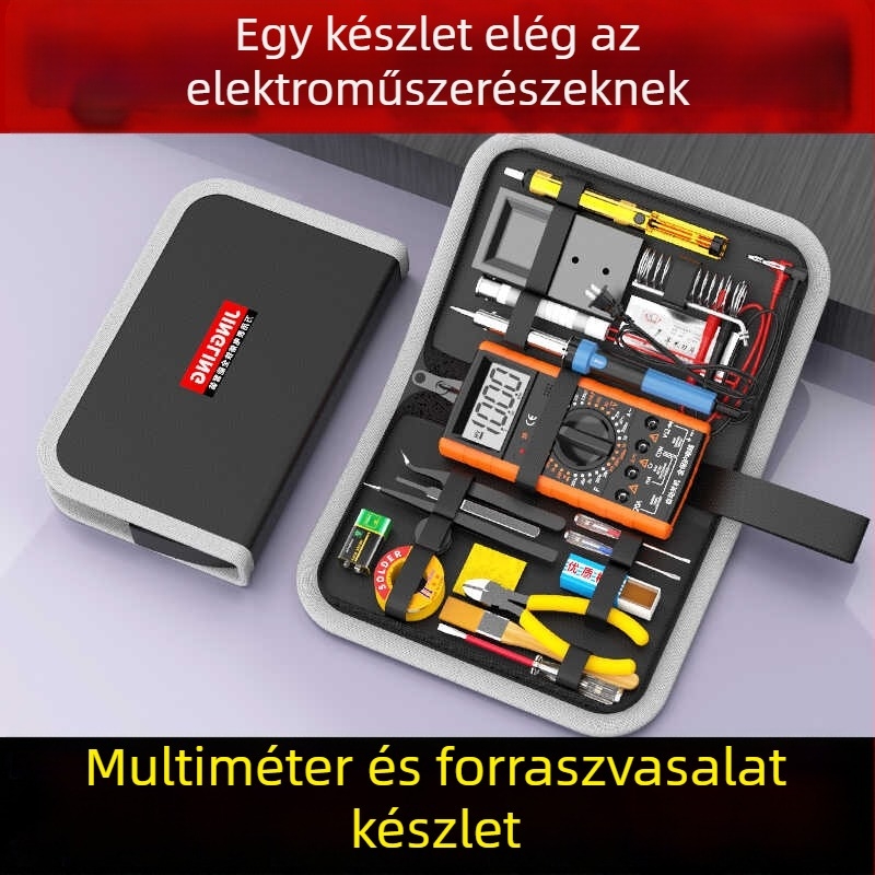 Jingling márkájú multiméter és forrasztó készlet — 21 részes, tokos, elektronika gyakorlásához
