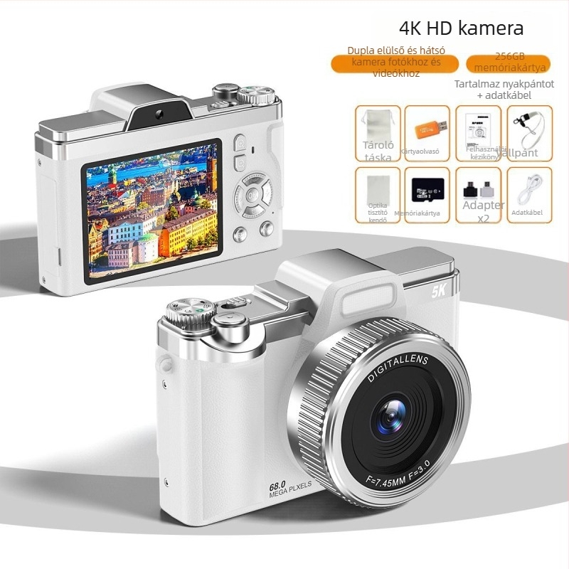 Tükör nélküli CCD retro digitális kamera dupla selfie kamerával (68 MP • 16x optikai zoom • 2.7in LCD • periszkópos objektív • CCD szenzor 1/1.7)