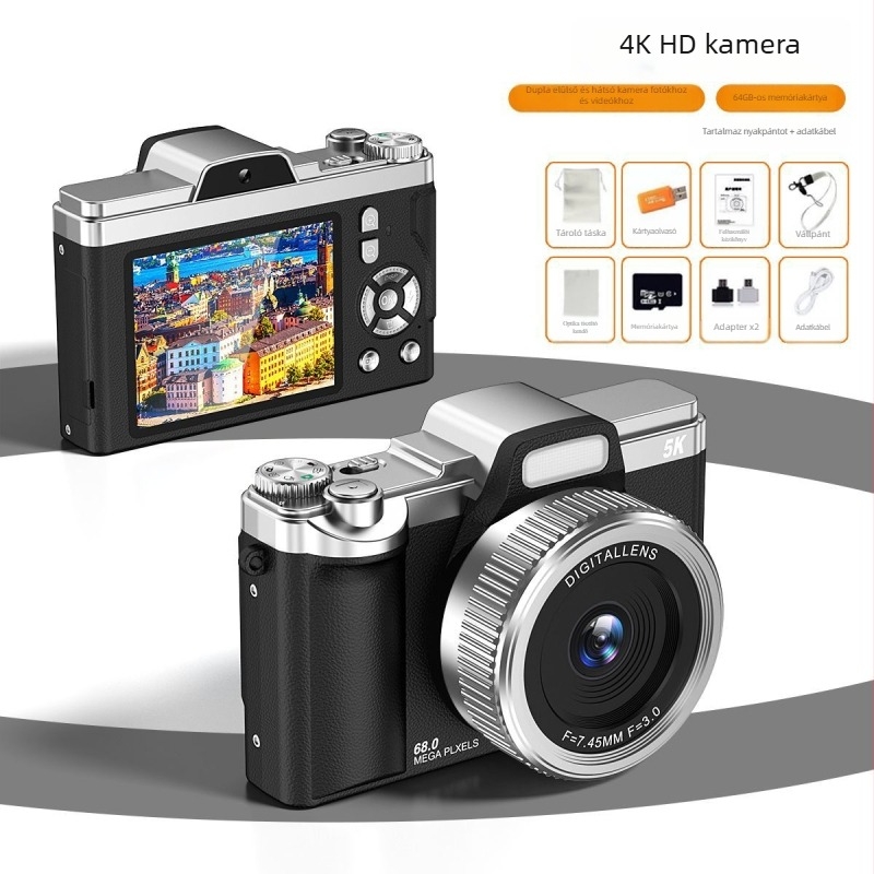Tükör nélküli CCD retro digitális kamera dupla selfie kamerával (68 MP • 16x optikai zoom • 2.7in LCD • periszkópos objektív • CCD szenzor 1/1.7)