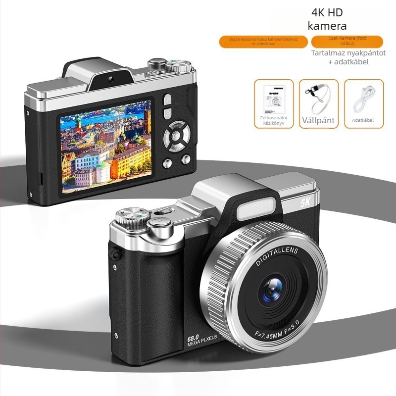 Tükör nélküli CCD retro digitális kamera dupla selfie kamerával (68 MP • 16x optikai zoom • 2.7in LCD • periszkópos objektív • CCD szenzor 1/1.7)