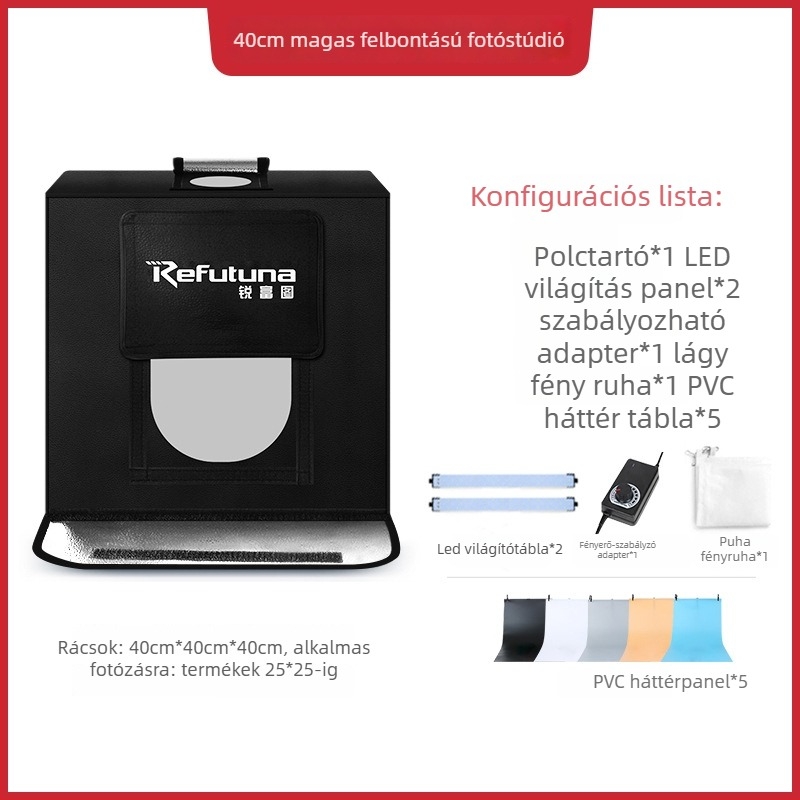 Kis fotóstúdió | Márka: RETENG | Anyag: Poliészter + LED fénypanel | Súly: 7.5