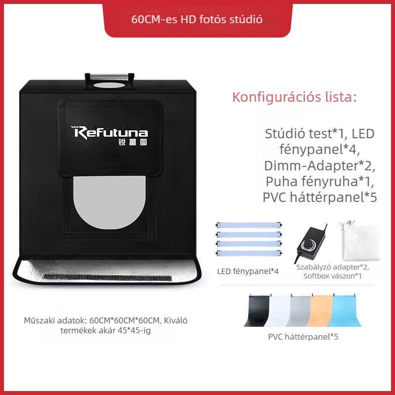 Kis fotóstúdió | Márka: RETENG | Anyag: Poliészter + LED fénypanel | Súly: 7.5