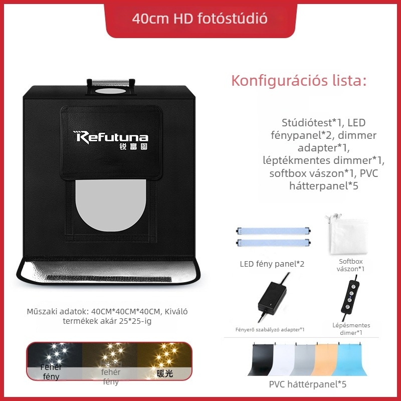 Kis fotóstúdió | Márka: RETENG | Anyag: Poliészter + LED fénypanel | Súly: 7.5