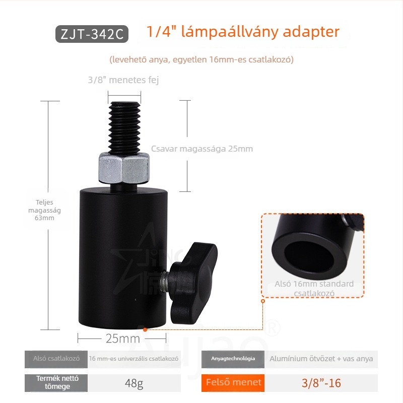1/4-inch fényállvány adapter stúdióhoz és élő közvetítéshez, alap 3/8-inch menet