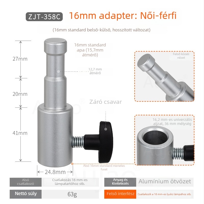 1/4-inch fényállvány adapter stúdióhoz és élő közvetítéshez, alap 3/8-inch menet