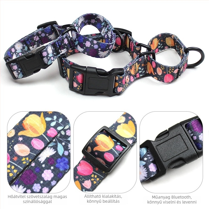 Virágos mintájú kisállatnyakörv hőtranszfer nyomtatással, állítható műanyag csattal, poliészter, macska és kutya számára, univerzális