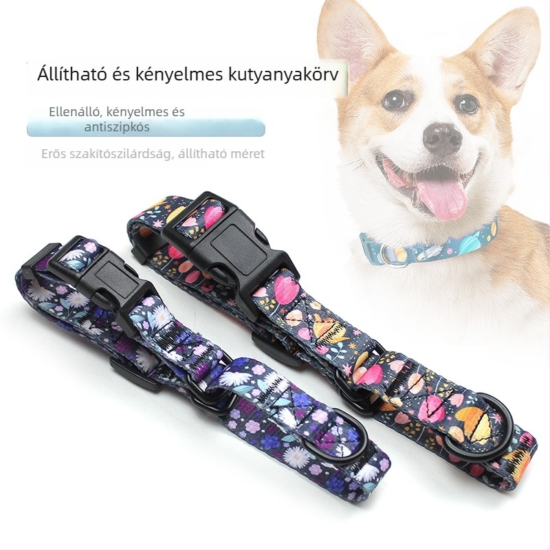 Virágos mintájú kisállatnyakörv hőtranszfer nyomtatással, állítható műanyag csattal, poliészter, macska és kutya számára, univerzális