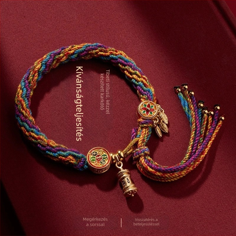 Tibeti-stílusú hét színű karkötő, etnikus öt színű pamut zsinórral, kézzel szőtt, állítható