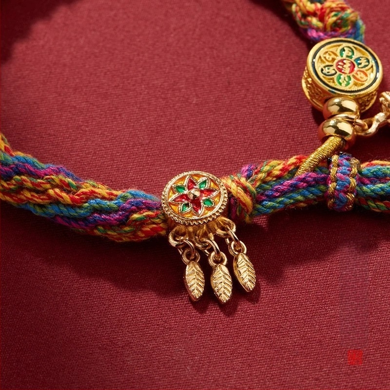 Tibeti-stílusú hét színű karkötő, etnikus öt színű pamut zsinórral, kézzel szőtt, állítható