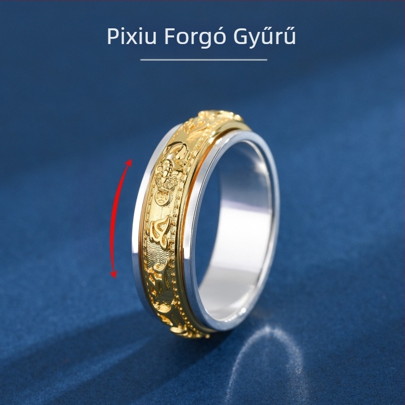 Forgó Pixiu gyűrű hat karakteres mantra, uniszex, fehér réz, palotai stílus
