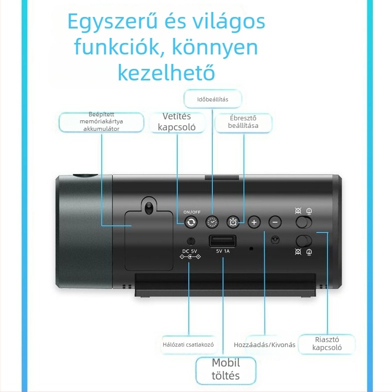 LED vetítőóra USB töltéssel, kettős ébresztés, idő és hőmérséklet kijelző