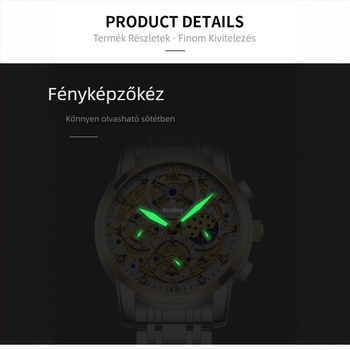 Férfi skeletál dizájnnal luxus karóra, kvarc működés, P984, vízálló 30 m, tok ötvözet, rozsdamentes acél szíj