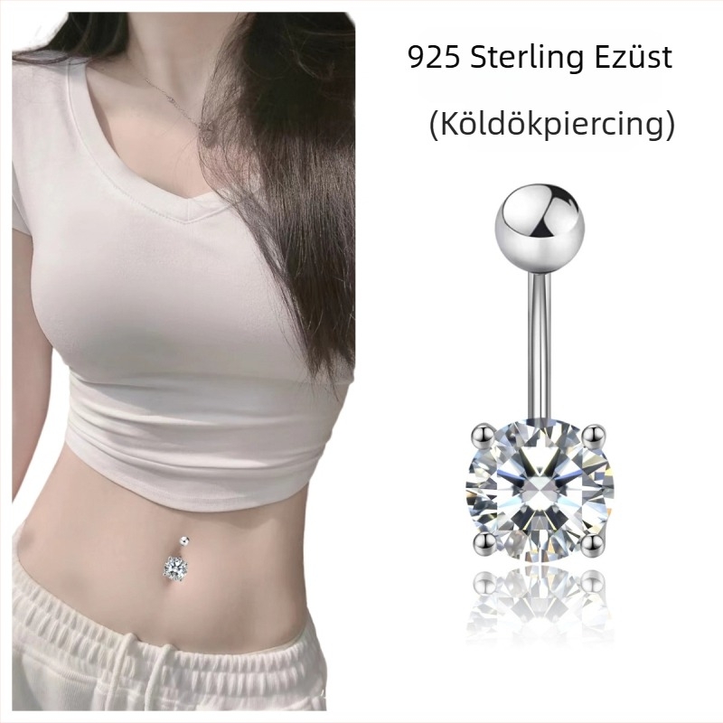 925 ezüst köldök piercing cirkóniával beépítve, egyszerű dizájn, test piercing ékszer