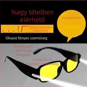Olvasó szemüveg LED-es világítással, éjjellátó funkcióval, teljes keret, robbanásbiztos lencsék, közelre és távolra használható