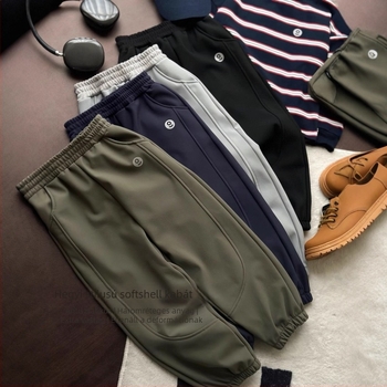 Gyerekeknek való fleece-lével bélelt soft-shell nadrág, 70% pamut, hosszú, egyenes szabás, ősz, biztonsági osztály B