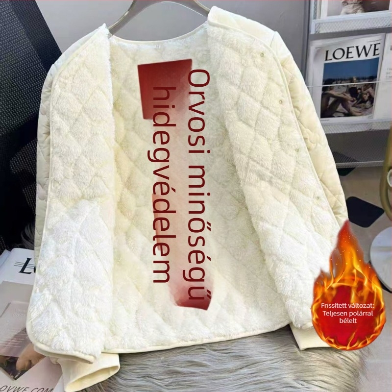 Női toll-pamut kabát, töltéssel és fleece béléssel a téli melegért, karcsú fazon, gallér nélkül, hosszú ujjú, egyszínű