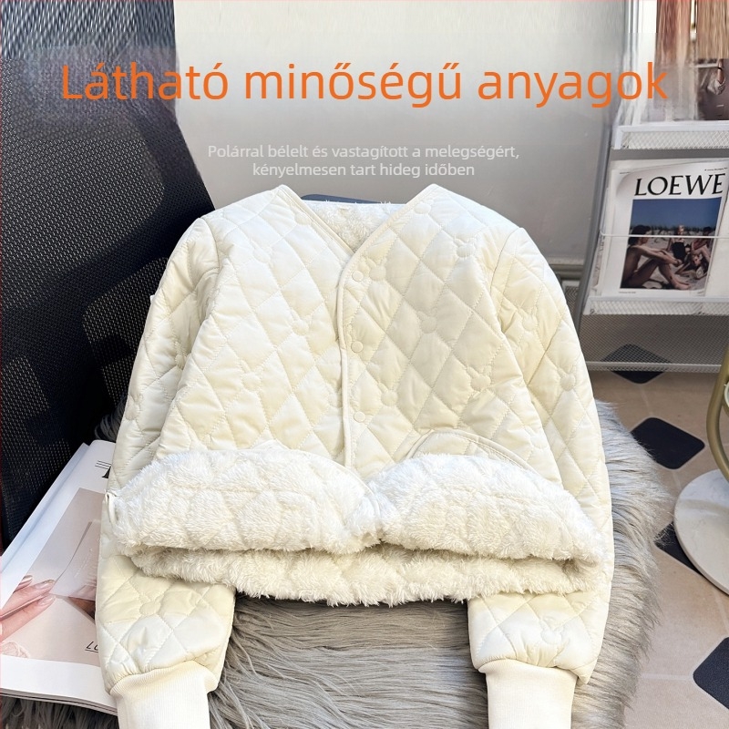 Női toll-pamut kabát, töltéssel és fleece béléssel a téli melegért, karcsú fazon, gallér nélkül, hosszú ujjú, egyszínű