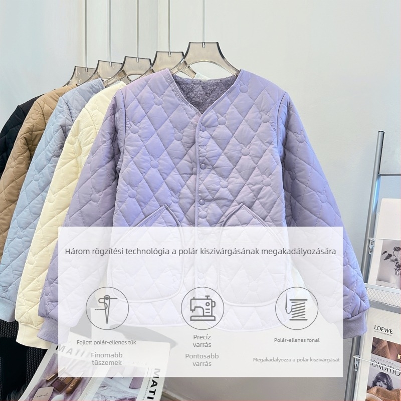 Női toll-pamut kabát, töltéssel és fleece béléssel a téli melegért, karcsú fazon, gallér nélkül, hosszú ujjú, egyszínű