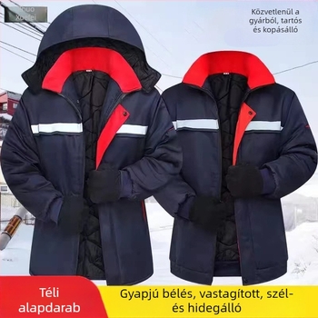 Férfi téli pamutkabát vastag töltéssel, fényvisszaverő csíkokkal, kültéri munkára