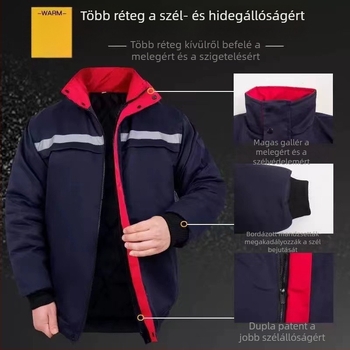 Férfi téli pamutkabát vastag töltéssel, fényvisszaverő csíkokkal, kültéri munkára