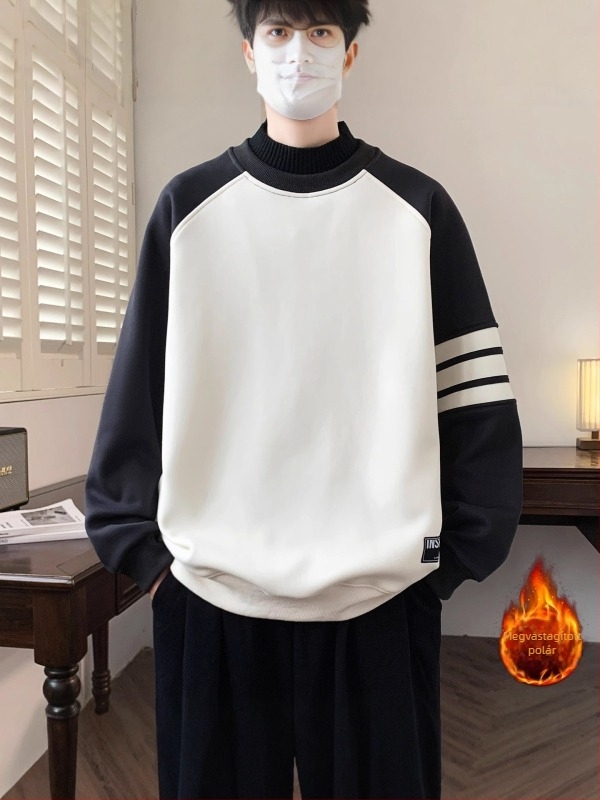 Téli fleece-betétes felső, amerikai stílusú, férfiaknak, kerek nyakú, laza szabás, ejtett vállak.