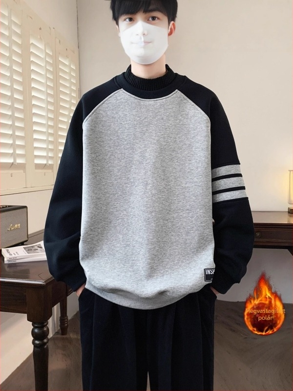 Téli fleece-betétes felső, amerikai stílusú, férfiaknak, kerek nyakú, laza szabás, ejtett vállak.