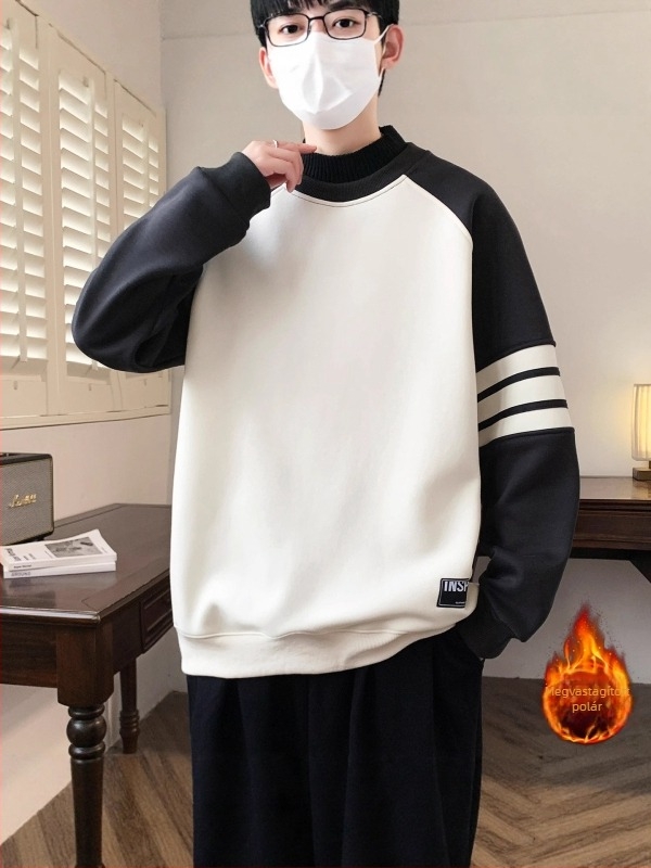 Téli fleece-betétes felső, amerikai stílusú, férfiaknak, kerek nyakú, laza szabás, ejtett vállak.