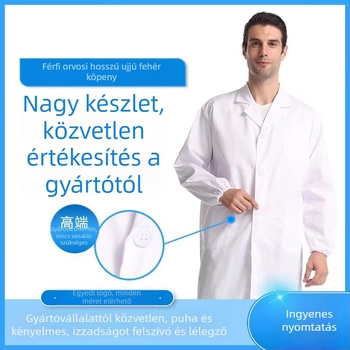 Fehér pamut laboratóriumi/kórházi köpeny, hosszú ujjú, logónyomtatással (Anyag: pamut; Fő anyag összetétele: 35%; Belső anyag: pamut; Belső összetevő: 35%)